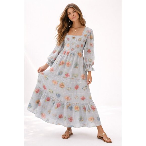 POZRUH Dresses & Skirts - POZRUH maxi dress floral LARGE colorful cottage tiered smocked embroidered